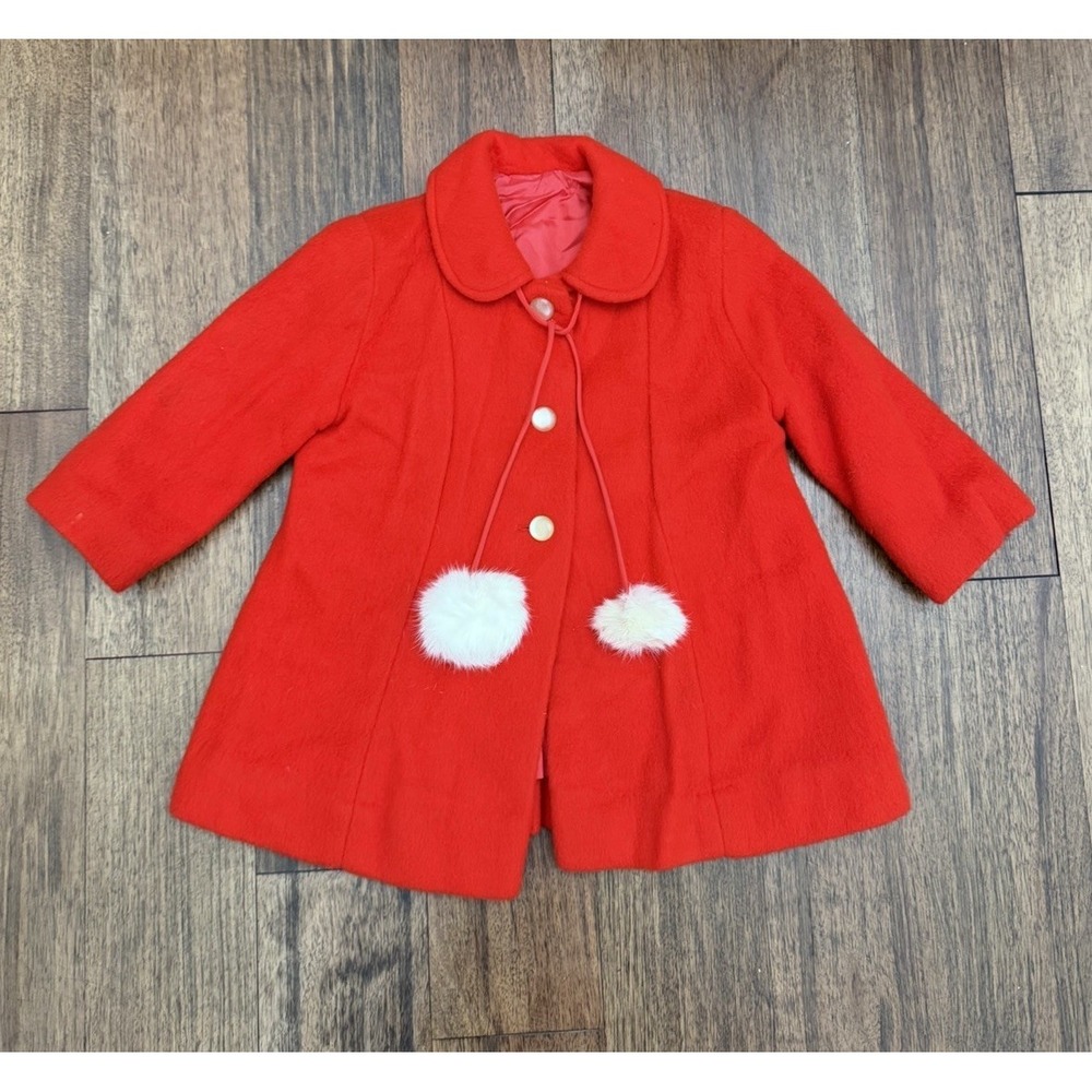 Vintage Girls Car Coat Jacket 60s 70s Fleece Red Pom Pom Size 4T Millicents
